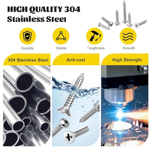 635Pcs 304 Stainless Steel Self Tapping Screws Assortment Kit, M3/M4/M5/M6 Phillips Flat Head & Pan Head Wood Screw Kit - size: 635pcs M3M4M5M6 Silver