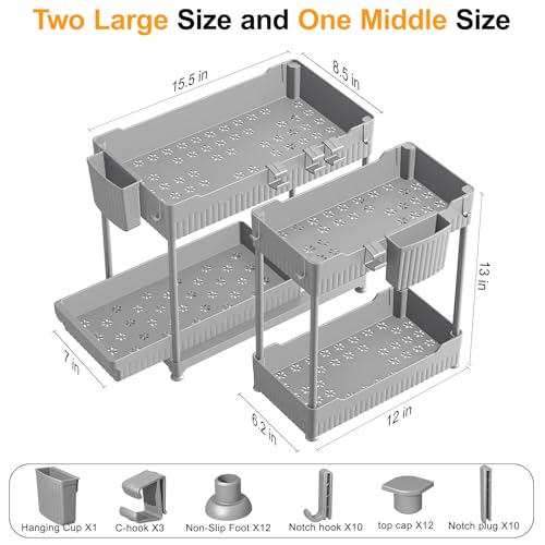 Sevenblue 3-Pack 2-Tier Under Sink Organizers with Sliding Drawers - color: Gray, size: 12.8 Inch