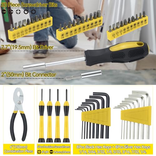 MARTCOLOR 58-Piece Household Tool Set, Yellow Hand Kit with Storage Case - color: Yellow