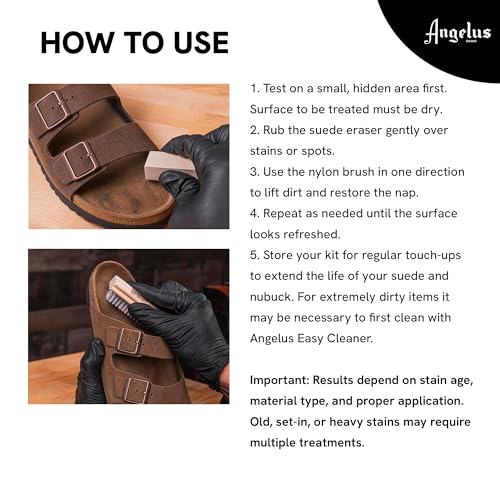 Angelus Suede & Nubuck Cleaner Kit - 1 Cleaning Eraser Block and 1 Nylon Bristle Brush - Eliminates Stains, Removes Spots, Restores Nap - for Leather Suede Shoe, Handbags, Jackets, Boots, Furniture