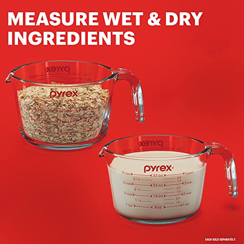 Pyrex 4 Cup Glass Measuring Cup For Baking and Cooking | Preheated oven, dishwasher, freezer, and microwave safe - size: 4 Cup