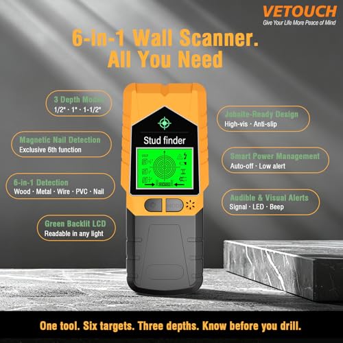 6 in 1 Stud Finder Wall Scanner, Electronic Stud Detector with LCD Display & Sound Alarm, Magnetic Stud Sensor for Wood, Metal, AC Wire, Pipe Detection in Walls, Ceilings, Floors-Orange - color: Orange + Black