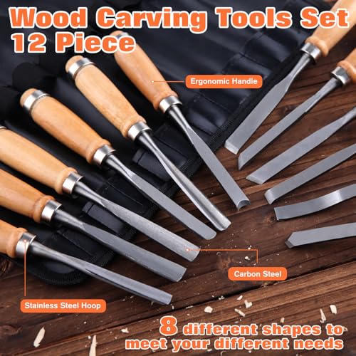 12 Pieces Wood Chisel Set Wood Carving Tools Set with Storage Bag for Woodworking, Carbon Steel Chisel with Wood Handle, 7.9" Wood Working Tools and Accessories Wood Carving Chisels Kit