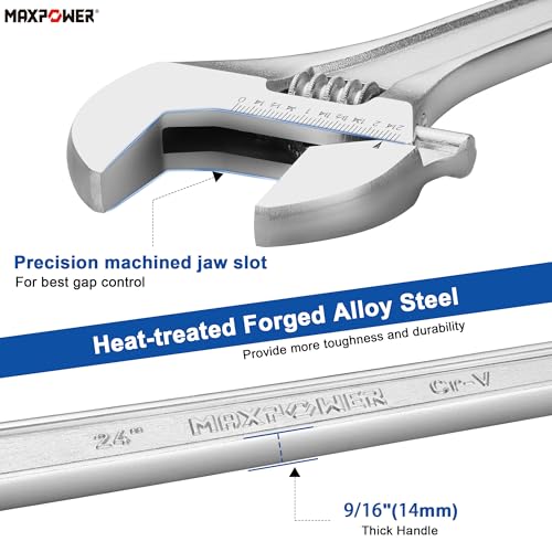 MAXPOWER 24" Adjustable Wrench, 2.4" Jaw Opening, Tapered Handle | Heavy Duty Large Adjustable Wrench Ideal for Plumbing, Nuts, and Pipes Fitting, SAE/Metric Scales - size: 24"