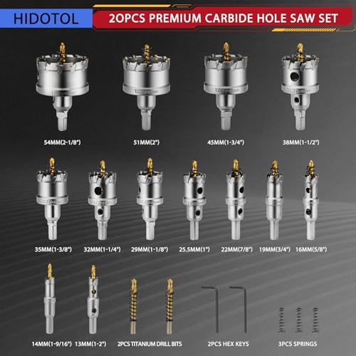 HIDOTOL 20PC TCT Carbide Hole Saw Kit 1/2" - 2-1/8" Tungsten Carbide Drill Bits Set with Titanium Pilot & L-Wrench, for Hard Metal Stainless Steel, Iron, Aluminum with Aluminium Case. - size: LZ-HOLE SAWS-20