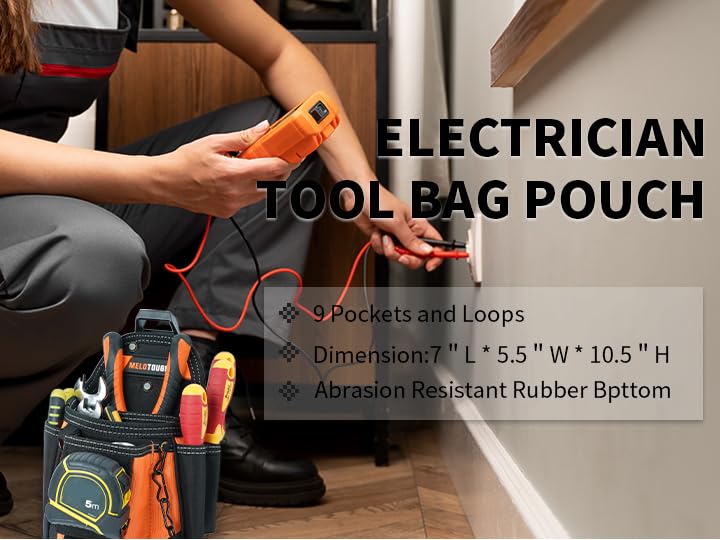 MELOTOUGH Small Electrician Tool Pouch With Belt Clip Attachment - 9 Pockets Tradesman Bag With Tape Thong - Holster for Electricians - color: Orange Electrician Tool Pouch