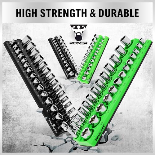SWANLAKE 4-Piece Magnetic Socket Organizer Set, Metric & SAE Socket Holder Set Includes 1/4", 3/8" Drive Sockets Trays, Magnetic Sockets Organizer for Tool Box Drawer - style: 4PCS Green/Black