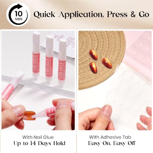 Beetles Brown Cat Eye Press On Nails Short Almond, 32PCS, Polka Dot Design - color: 2A - Maple Taffy - S