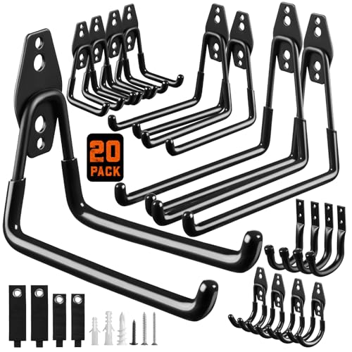 LANDNEOO Garage Hooks, 20-Pack Steel Garage Accessories for Organization and Storage, Heavy Wall Mount Duty Hooks with Anti-Slip Coating for Hanging Ladder, Bike, Power Tools and More Tools, Black