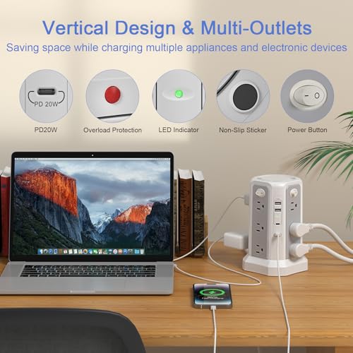Surge Protector Power Strip Tower (13A 1625W) 10FT with PD20W USB C Port - style: White Gray-13A-2A2C
