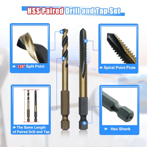 HighFire 10-Piece Hex Shank Drill and Tap Set for Metal, Impact Drill Bit Set, Upgrade Combination of Drill and Tap Set 6-32 UNC to 1/4-20 UNC, MRO & Industrial Grade, DIY Hex Screwdriver - size: 10pcs tap&drill