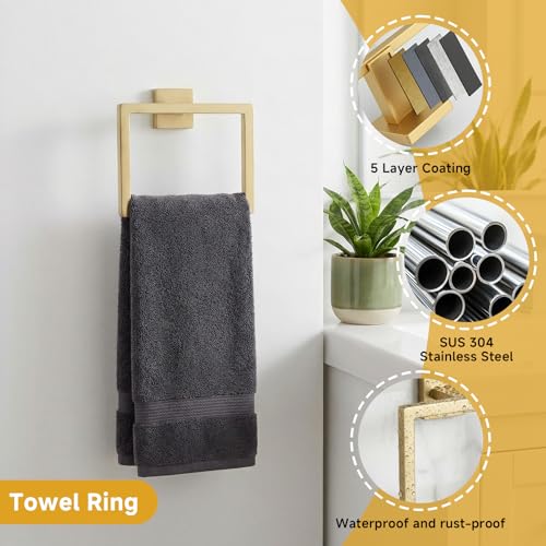 5-Piece Brushed Gold Bathroom Accessory Set, 16 Inch Bathroom Hardware Set, Towel Racks for Bathroom, SUS304 Stainless Steel Wall Mounted Bath Towel Bar Set - color: F-16 Brushed Gold
