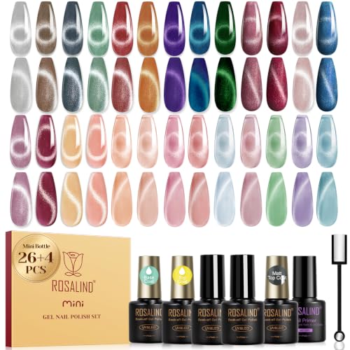 ROSALIND 30pcs CatEye Gel Nail Polish Set with Gel Base Top Coat and magnet | 26 Colors Glitter Cat Eye Gel Nail Polish with Magnet ,Glossy Matte Glitter Top Coat,Base Coat,Soak Off Gel Gift for Women - color: Dream Cateye