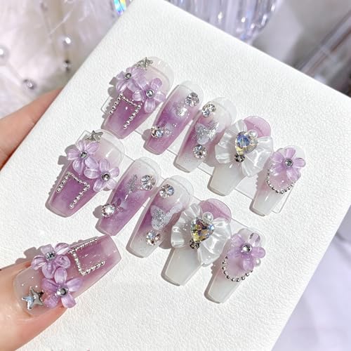 3D Purple Press on Nails Almond - Medium French Tip Fake Nails with Embossed Flower&Butterfly Bead Designs, Glossy Finish Reusable False Nails for Women Manicure(3D Embossed design 24） - color: 3D Embossed design 24