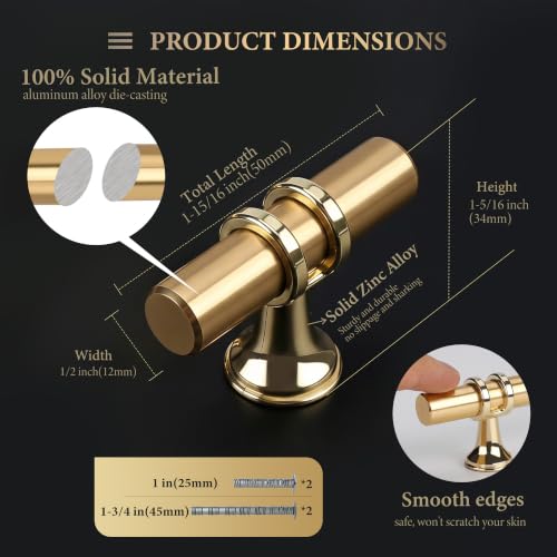 Haliwu 10Pack Gold Cabinet Knobs Brass Knob | Solid Aluminum and Zinc Alloy, Single Hole, Kitchen Knobs for Drawer Dresser Hardware - color: Gold, size: 2-inch (50mm) single hole