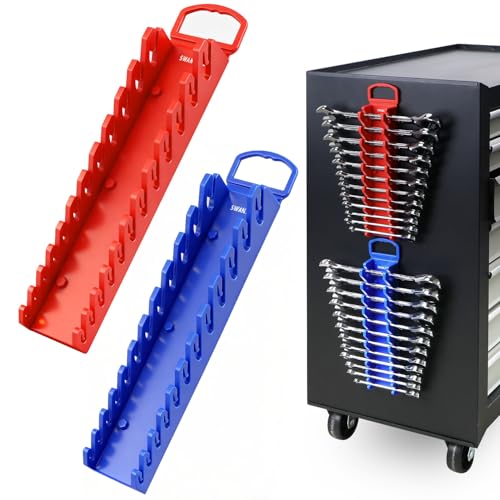 SWANLAKE 2-Piece Magnetic Wrench Organizer Toolbox Holder, SAE (1/4'' to 15/16''), Metric (6mm to 24mm) Ratchet Wrench Organizers, Total Hold 24 Slots Wrenches Holder for Tool Box - style: 24-Slot Red&Blue