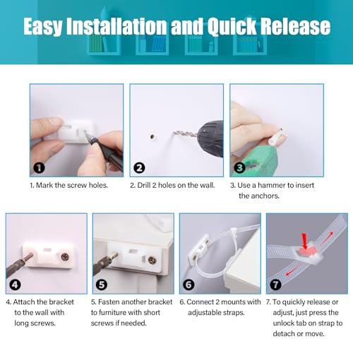 12 Pack Furniture Anchors for Baby Proof, Furniture Straps to Wall - color: White Furniture Anchors - 12 Pack