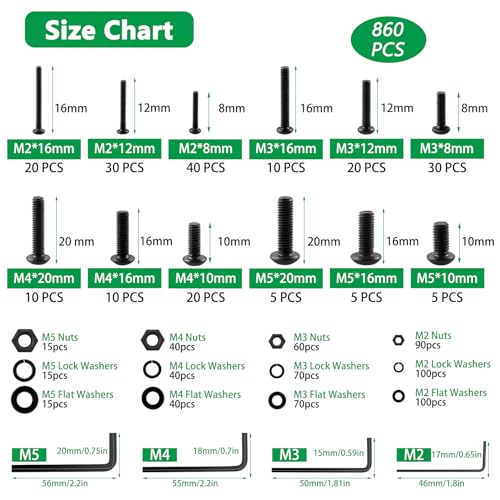 860Pcs M2-M5 Metric Screws, 10.9 Alloy Steel Hex Bolts & Nuts Kit - size: M2 M3 M4 M5 860pcs 2