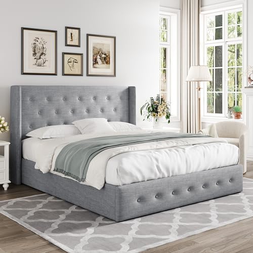 Allewie Full Size Lift Up Storage Button-Tufted Bed Frame Light Grey - color: Light Grey, size: Full, style: Traditional