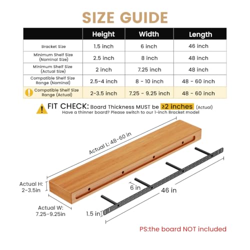 2pcs Floating Shelf Hardware Heavy Duty Hidden Shelf Brackets Support,Wall Mounting Invisible Floating Shelves Bracket with Jig (46" x 6" x 1.5") - size: 46" x 6" x 1.5"