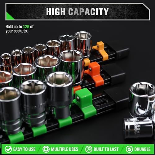 SWANLAKE Organizer Socket Holder, 9PCS 1/4-Inch x 48 Clips, 3/8-Inch x 45 Clips, 1/2-Inch x 36 Clips, Premium Quality Socket Clip Rail Holder - style: 9 PCS Green&Yellow&Orange