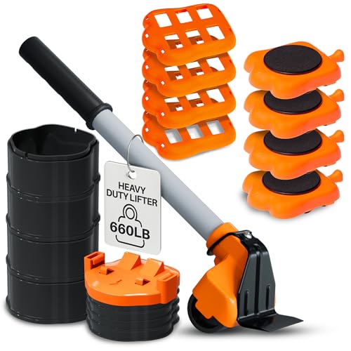 Heavy Duty Furniture Lifter & Moving Kit – Lift & Glide Couches, Beds, Appliances with Ease – 4 Roller Sliders (660 lbs Each), Adjustable Height Lifter, Carpet Adapters for All Floors