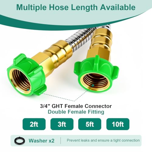 Metal Garden Hose Connector 2FT, Stainless Steel Small Hose Extension Adapter for Hose Reel, Short Flexible, Lightweight & Heavy Duty Water Pipe, No Kinking Outdoor Water Hose for Yard - size: 2FT