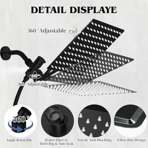 12 Inch Shower Head, Rain Shower Head with Adustable Extension Arm, Detachable Matte Black Rina Shower Head with Handheld Spray, High Pressure Shower Hose with Holder in Bathroom(Black) - color: Black, size: 12 Inch