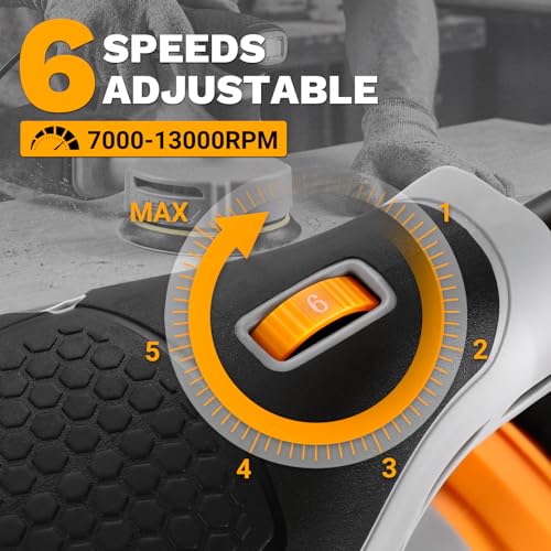 Random Orbital Sander: DEKOPRO 5" Corded 3.0 Amps Electric Sander with Dust Box, 6 Various Speeds Adjustable Palm Sander with Dust Box, 16Pcs Sandpapers for Woodworking & Sanding-Yellow