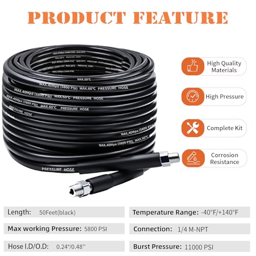 50FT Sewer Jetter Kit for Pressure Washer, 5800PSI Drain Cleaner Hose - color: Black-50FT hose