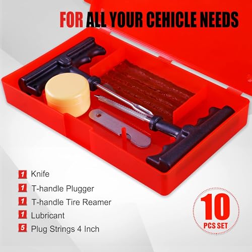 AWELCRAFT 10-Piece Economical Tire Repair Kit – Flat Tire Plug Kit with T-Handle Tools, Storage Case – Fix Punctures Fast, – Ideal for Car, Truck, Motorcycle, ATV