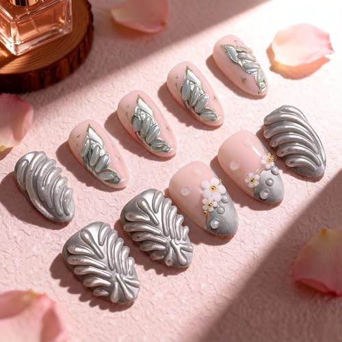 Short Almond Handmade 3D Floral Press On Nails Pink Green Mixed French – Spring Summer Daily White Flower Design, Acrylic Fake Nails for Women, Salon-Quality Reusable Stick-Ons | Party Wear - color: 50-Short Almond Green 3D Glue Silver Butterfly, size: 24