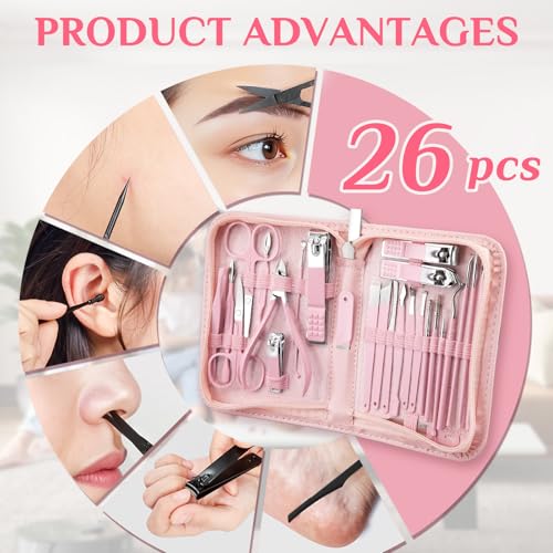 MINKINH 26-Piece Manicure Set for Women, Pink At-Home Nail Care Kit | Carbon Steel Nail Clippers, 410 Stainless Steel Tools, PU Organizer Case for Pedicure, Cuticle, Facial and Daily Self-Care - color: Pink
