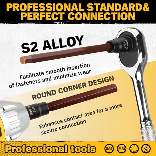 Extra-Long Allen Hex Bit Socket Set: 20-Piece 3/8 Inch Drive, 150mm S2 Steel, Standard SAE & Metric (1/8-Inch - 7/16-Inch, 3-12mm) for Impact Drills and Ratchet Wrenches - style: 150mm Allen Hex Bit Socket Set