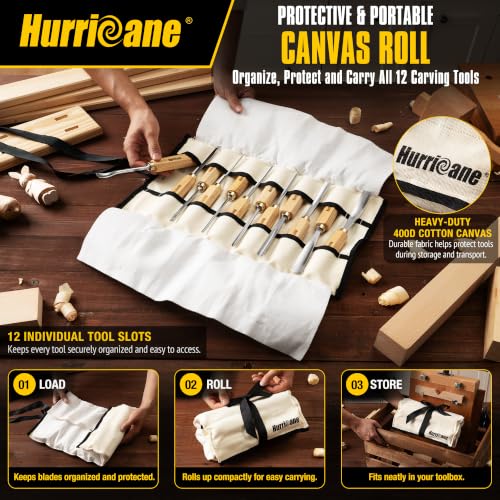 HURRICANE 12-Piece Starter Wood Carving Tools Set, Professional Wood Carving Kit with Razor Sharp 60CRV Steel Blades, Ash Wood Handles & Canvas Case for Beginners Professionals Specialties