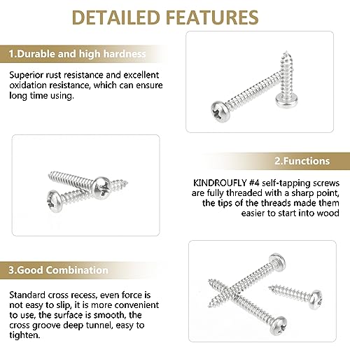 212 Pieces #4 x 3/8" 1/2" 5/8" 3/4" 1" Phillips Pan Head Self-Tapping Screws, Wood Screws Assortment Kit, 304 Stainless Steel - size: #4