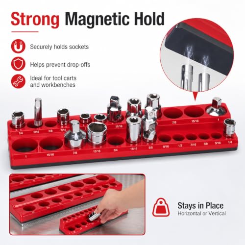 3PCS Magnetic Socket Organizer, Red SAE Socket Tray