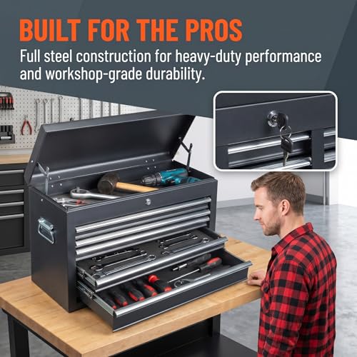 Winado 24" Portable Metal Tool Box, 5 Drawers Lockable Toolbox, Black - color: Black