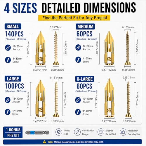 360PCS Self Drilling Drywall Anchors Heavy Duty, Self Drilling Drywall Anchors with Screws Kit, 4 Sizes Metal Dry Wall Anchors for Drywall Heavy Duty, Drywall Self Drilling Anchors with Screws