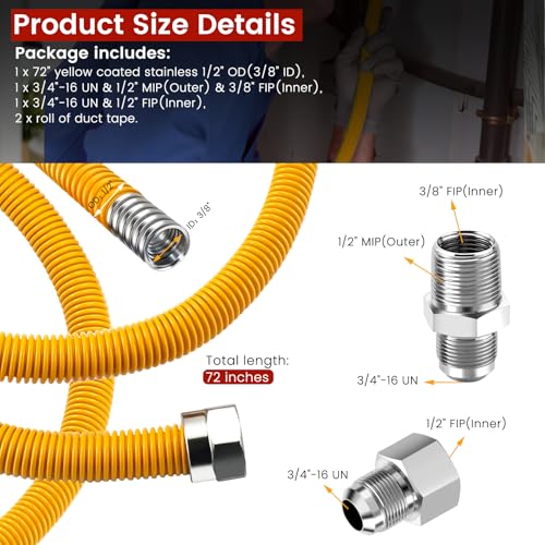 Puxyblue [2026 New] 72" Flexible Gas Line Kit for Dryer Stove Range Water Heater - 1/2" OD(3/8" ID) Flexible Stainless Steel Gas Dryer Kit Come with 1/2" MIP & 1/2" FIP Additional Raw Belt - size: 72 inches