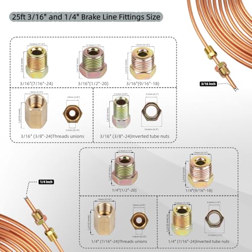 Wostore 25FT 3/16"+1/4" Brake Line Kit, Flaring Tool, Bender & 44 Fittings - size: Double flare kit with 3/16"&1/4" Brake Line