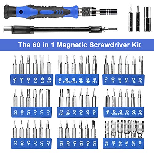 Hautton Precision Screwdriver Set, 60 in 1 with 56 bits Magnetic Screwdriver Kit, Stainless Steel Professional Repair Tools Kit for Phone Laptop PC Camera Game Console Glasses and More –Blue