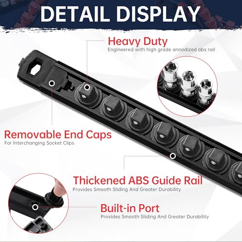 Reniteco Magnetic Socket Organizer, 3-Piece 1/4-Inch Drive ABS Sockets Rail, Heavy Duty Sockets Holder, Socket Rack Kit 1/4-Inch x 42 Clips - color: Black, size: 3 Pcs 1/4" DR