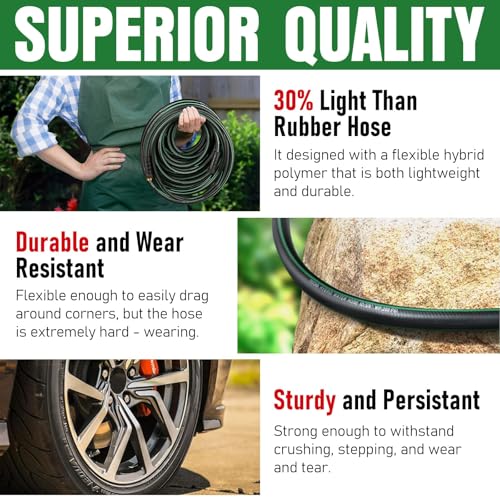 Heavy Duty Garden Hose 100ft, NON-EXPANDABLE Flexible Water Hose, Kink Resistant Lightweight Hybrid Hose, Leakproof Hose Male to Female Fittings - color: Black+Green, size: 100ft