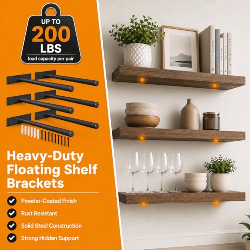 Floating Shelf Brackets, 10 inch Hidden Shelf Brackets Heavy Duty Blind Shelf Support, 200LBS Load Capacity, 6 Pack Floating Shelf Hardware for DIY Wood Wall Floating Shelves - size: 10 Inch