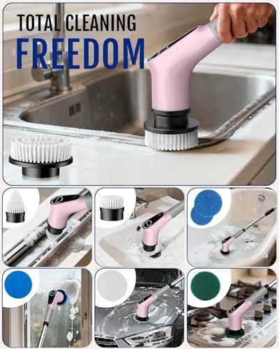 Dovety Electric Spin Scrubber, Extendable Handle, 8 Brush Heads-Pink - color: Pink