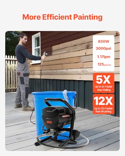 VEVOR Stand Airless Paint Sprayer, 650W High Efficiency Airless Sprayer, 3000PSI Electric Paint Sprayer Machine Extension Rod and Cleaning Kits for Interior and Exterior Furniture/Fence/Home/House - size: 650 W