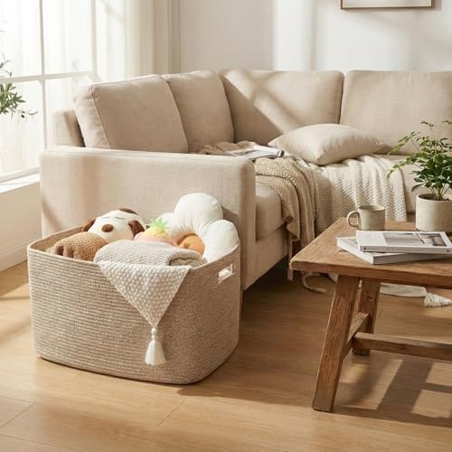 JMvicyroam 96L Large Woven Cotton Rope Blanket Basket, Oatmeal - color: Oatmeal, size: 96L