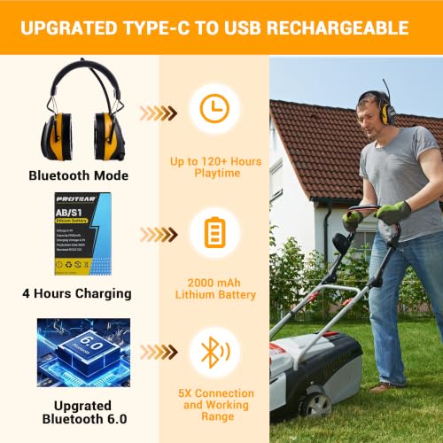 Bluetooth 6.0 AM FM Radio Headphone,Earmuff for Mowing,Construction - color: Yellow