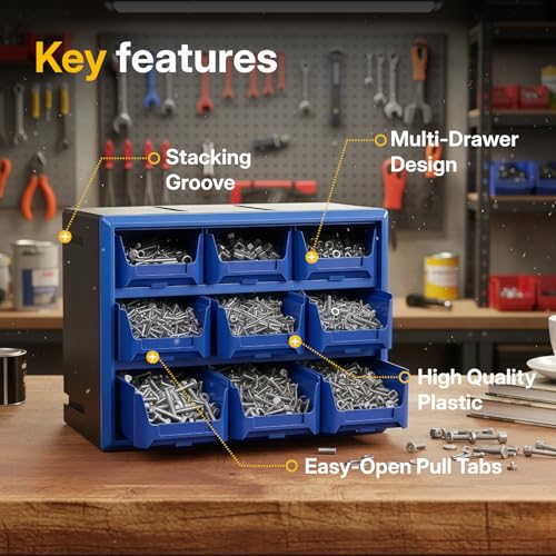 Northsky 9-Drawer Plastic Storage Drawers, Small Parts Organizer, Stackable Teacher Toolbox for Hardware, Screws, Nuts & Bolts, Stickers, Beads, Building Bricks, Garage Storage，14.17 × 7.09 × 9.45 - size: 9 Drawer & Blue